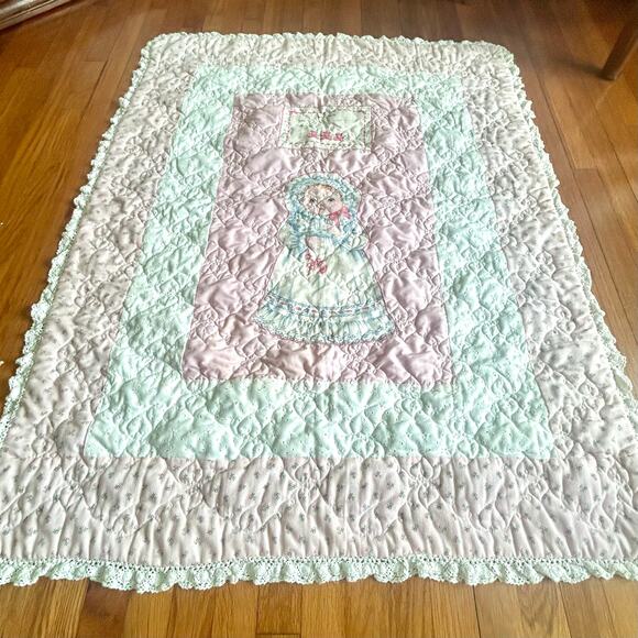 Vintage Baby Quilt with Lace Trim & Birth Certificate Panel - Picture 5 of 14
